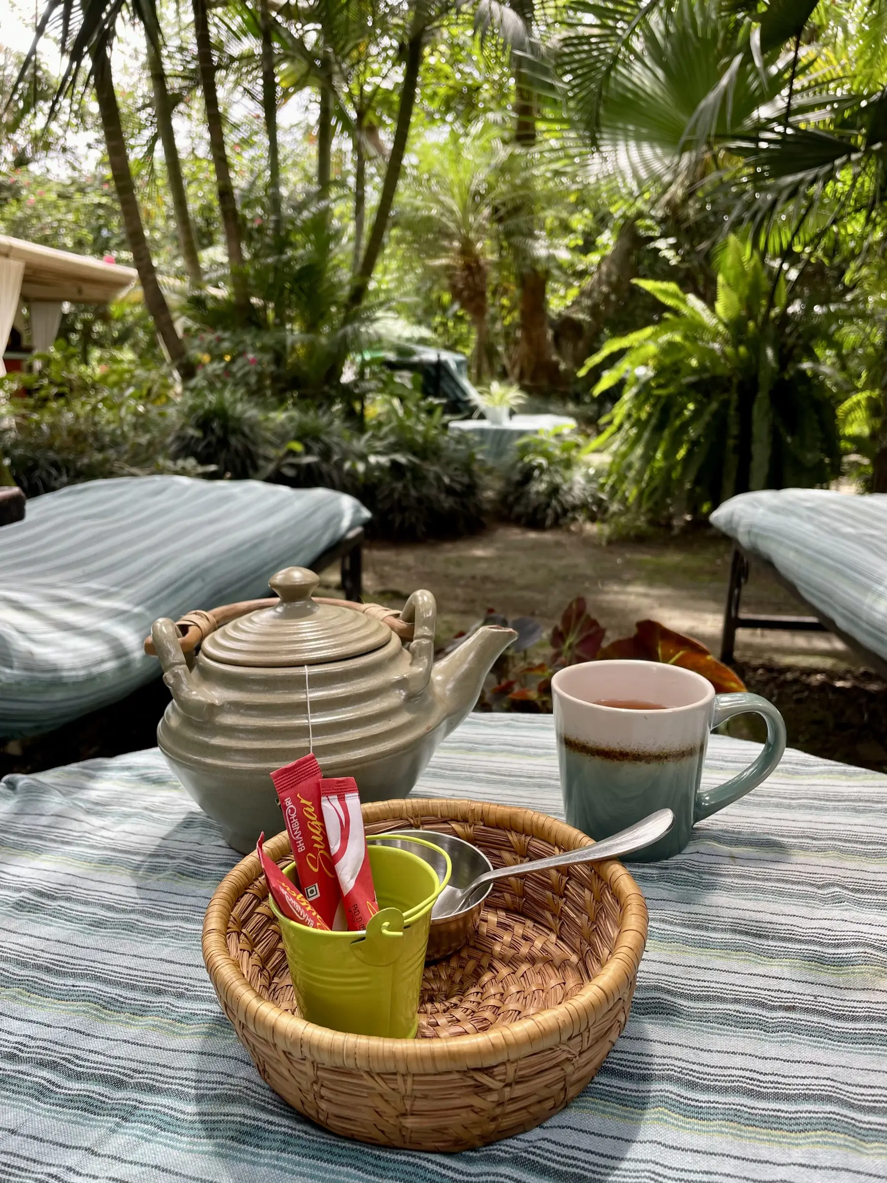 Herbal tea served on a table beside the garden loungers