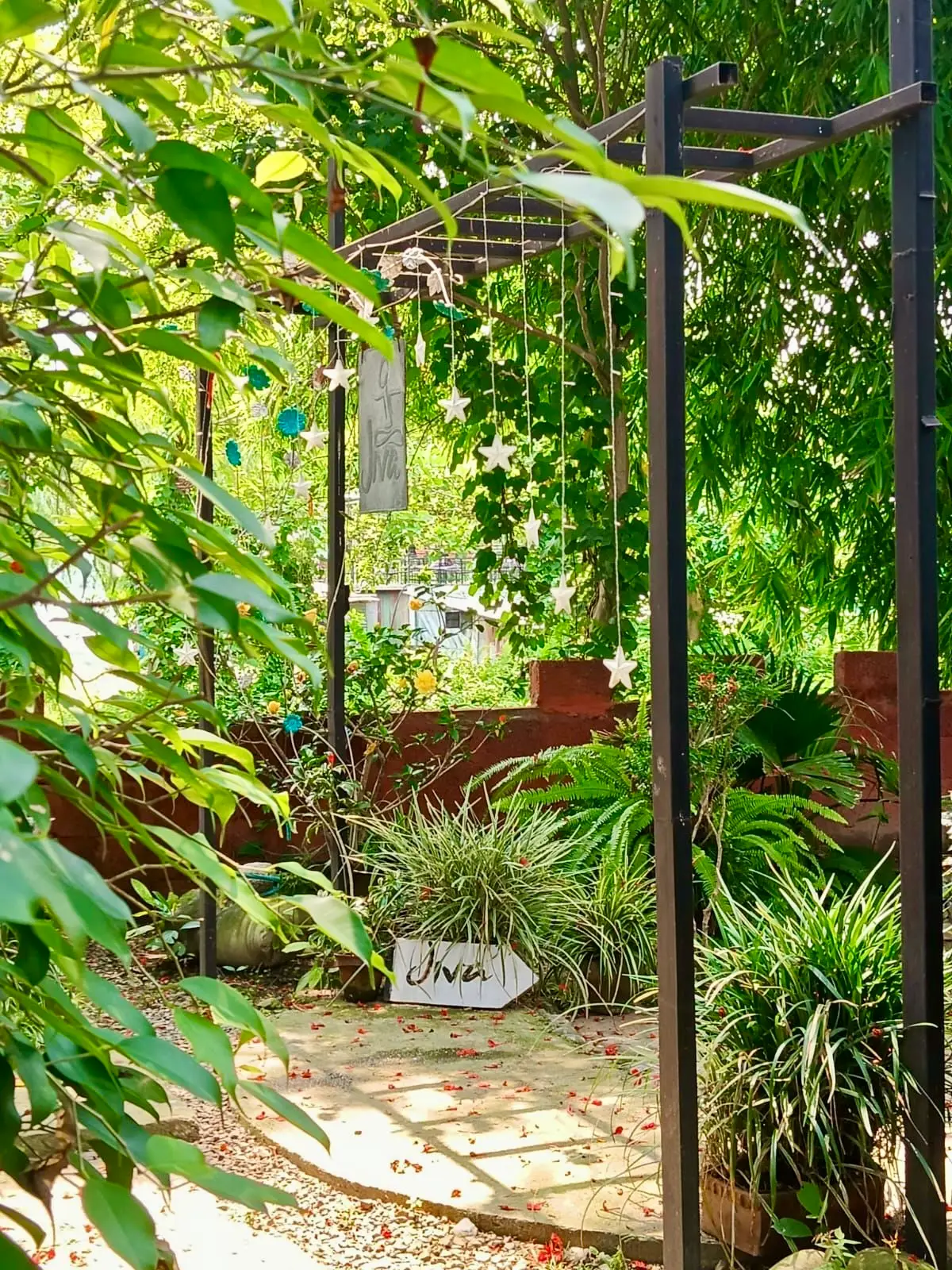 Garden path beneath a green pergola with a hand-painted Jiva sign